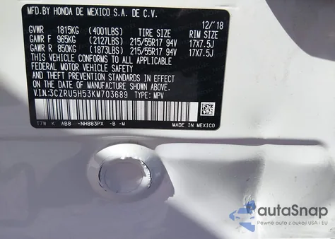 2019 Honda Hr-V Ex z USA, uszkodzony, nr VIN 3CZRU5H53KM703689